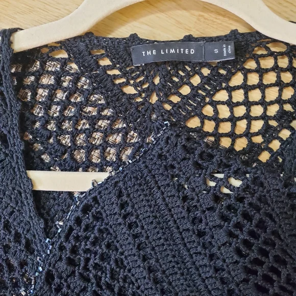 Crochet V Neck Black Long Sleeve Top with Bead Trim by The Limited Size S - Picture 7 of 7